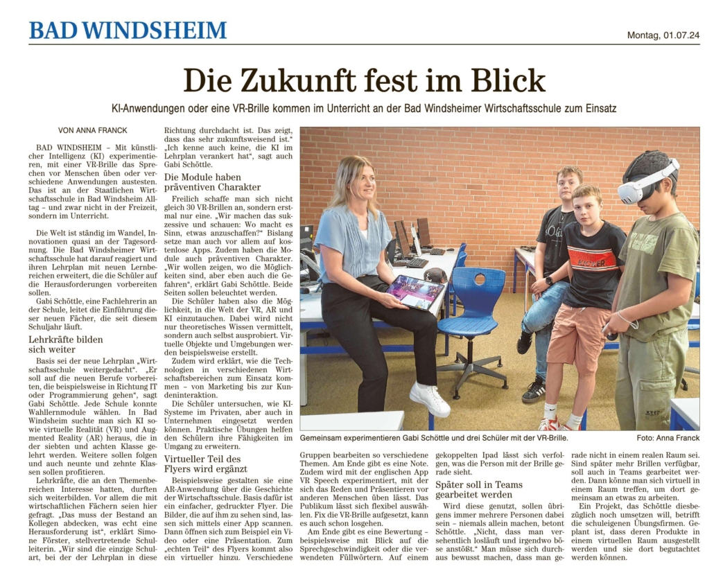 Pressebericht "Die Zukunft im Blick" aus der FLZ vom 01.07.2027 über den Einsatz von KI und VR-Brillen im Unterricht an der Wirtschaftsschule Bad Windsheim